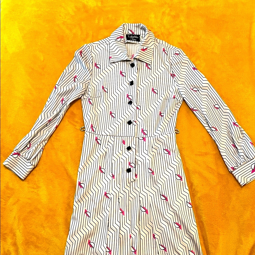 Art Deco Long Sleeve Striped Dress with Pink Details